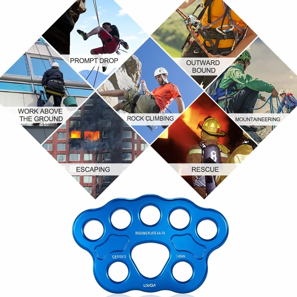 1 plaque de gréement d'extérieur à 8 trous - 45 KN - Pour escalade, alpinisme, point d'ancrage - Bleu