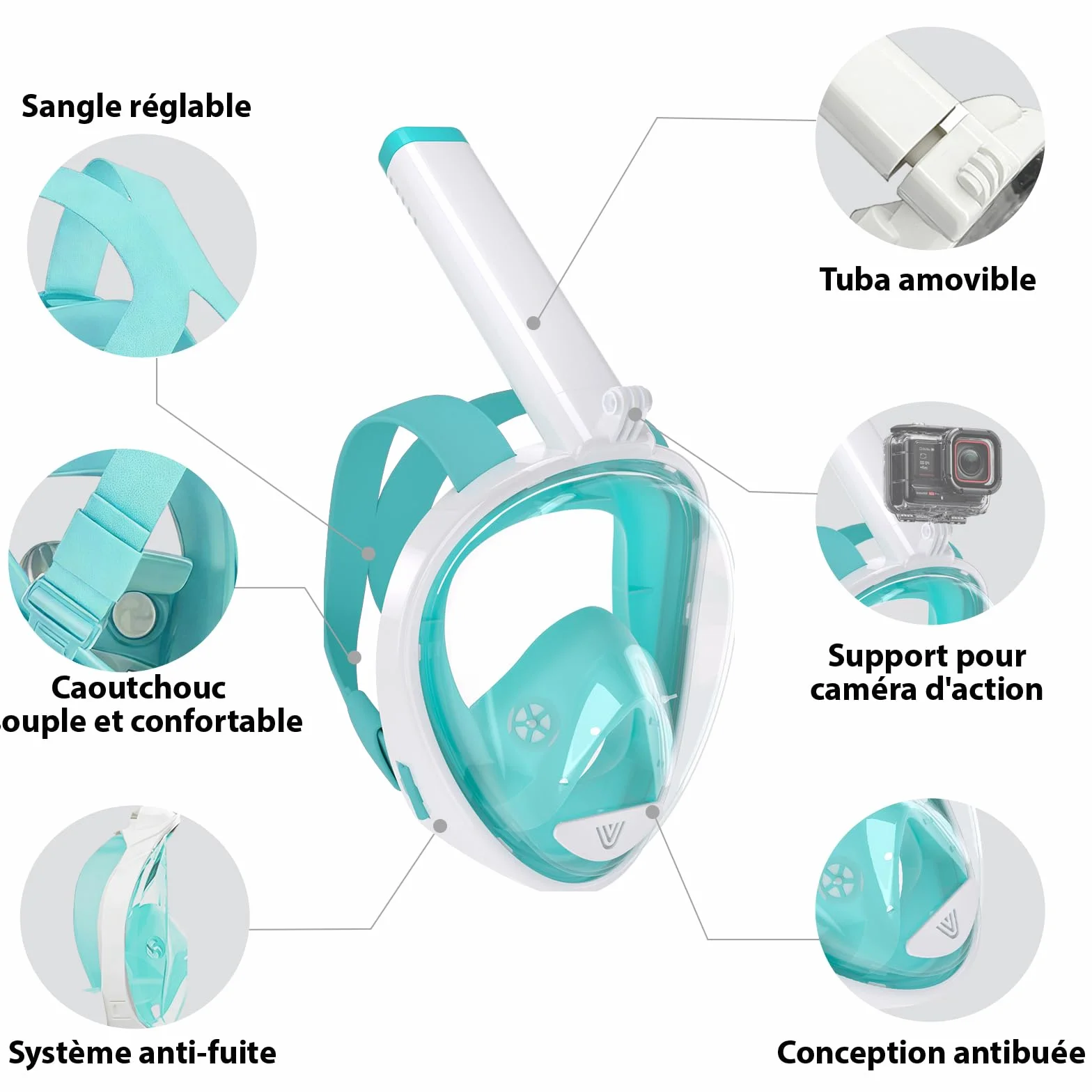 Vitare Masque de Plongée Intégral pour Adulte et Enfant, Masque Tuba avec Système Respiratoire Avancé et Technologie Antibuée, Masque Snorkeling Piscine avec Support de Caméra