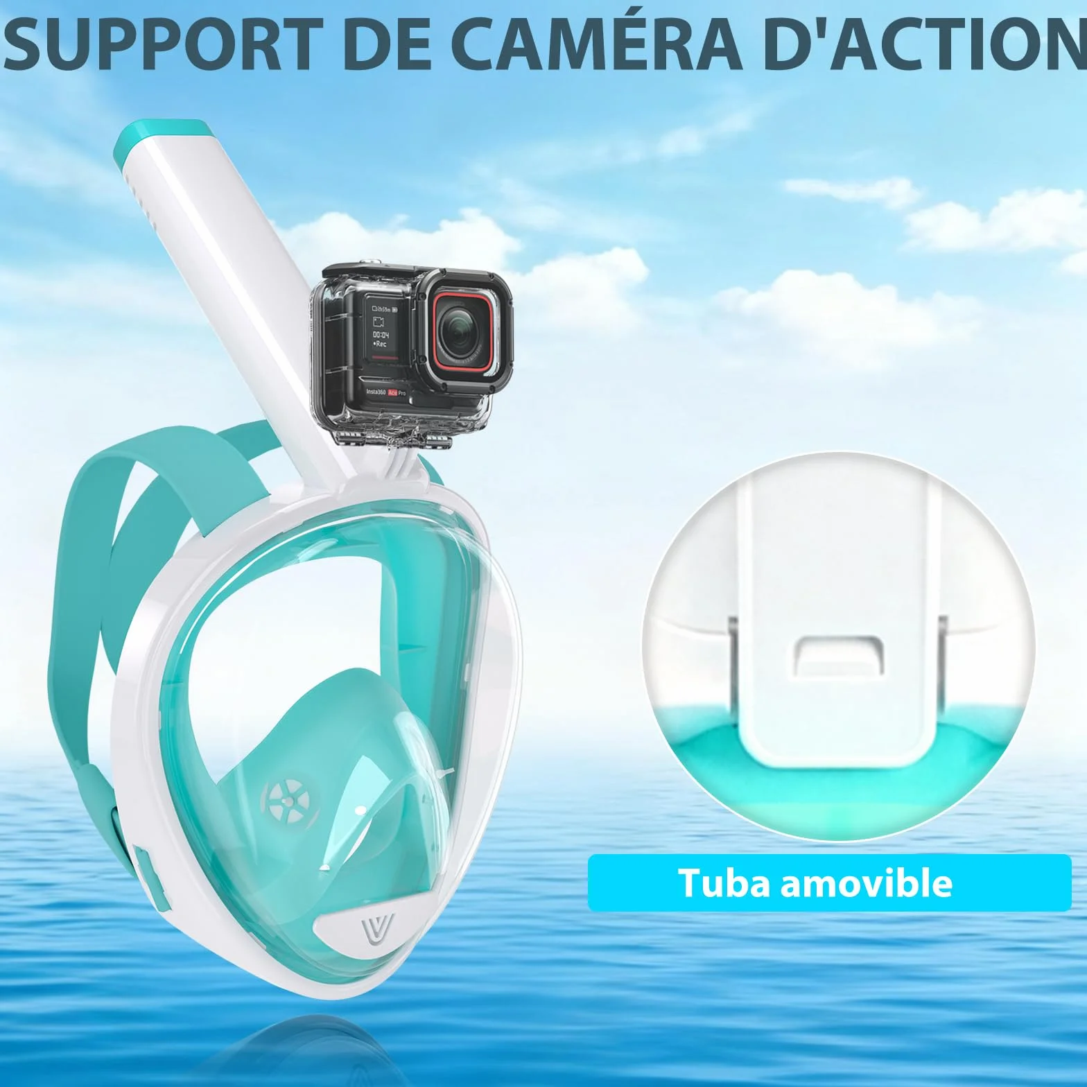 Vitare Masque de Plongée Intégral pour Adulte et Enfant, Masque Tuba avec Système Respiratoire Avancé et Technologie Antibuée, Masque Snorkeling Piscine avec Support de Caméra