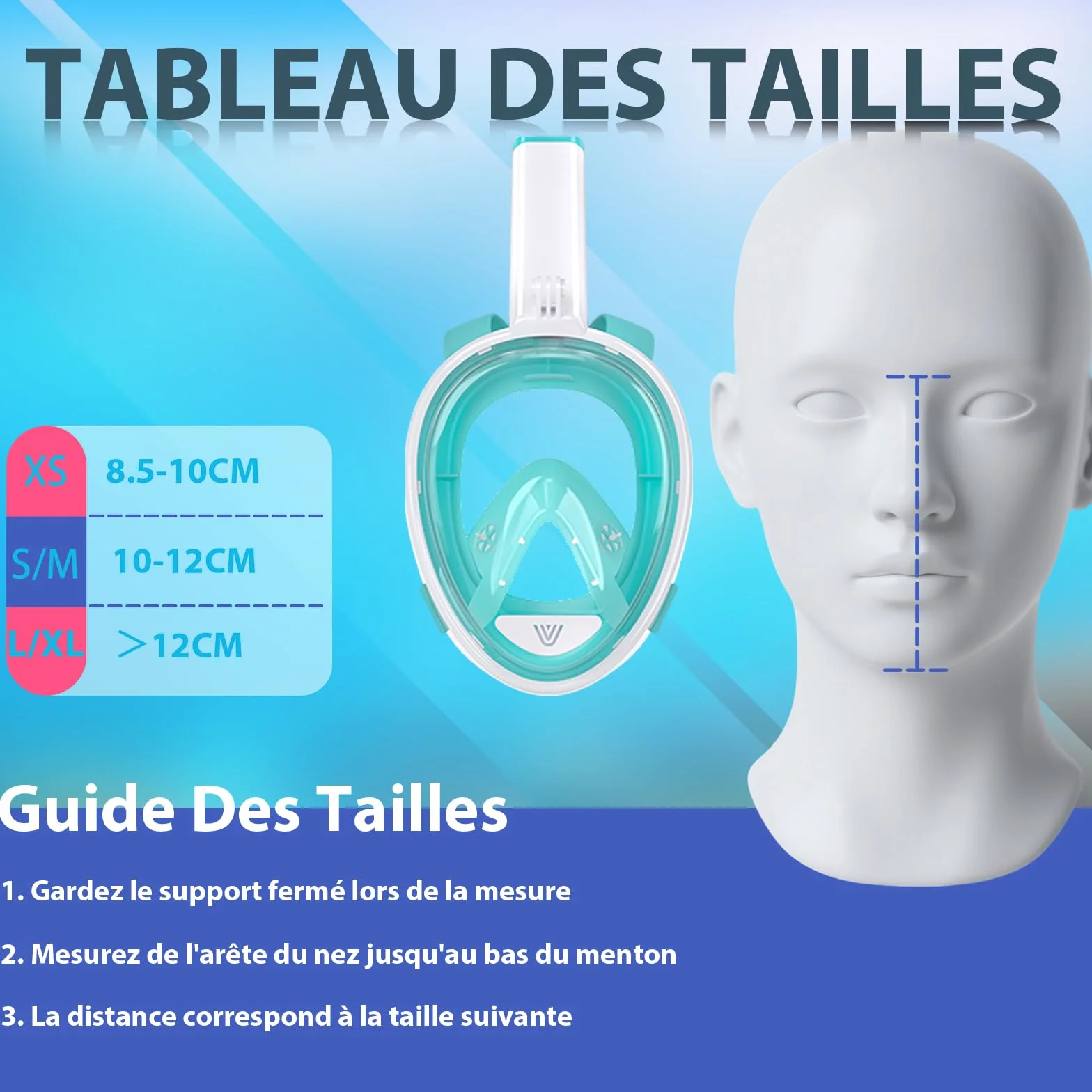 Vitare Masque de Plongée Intégral pour Adulte et Enfant, Masque Tuba avec Système Respiratoire Avancé et Technologie Antibuée, Masque Snorkeling Piscine avec Support de Caméra